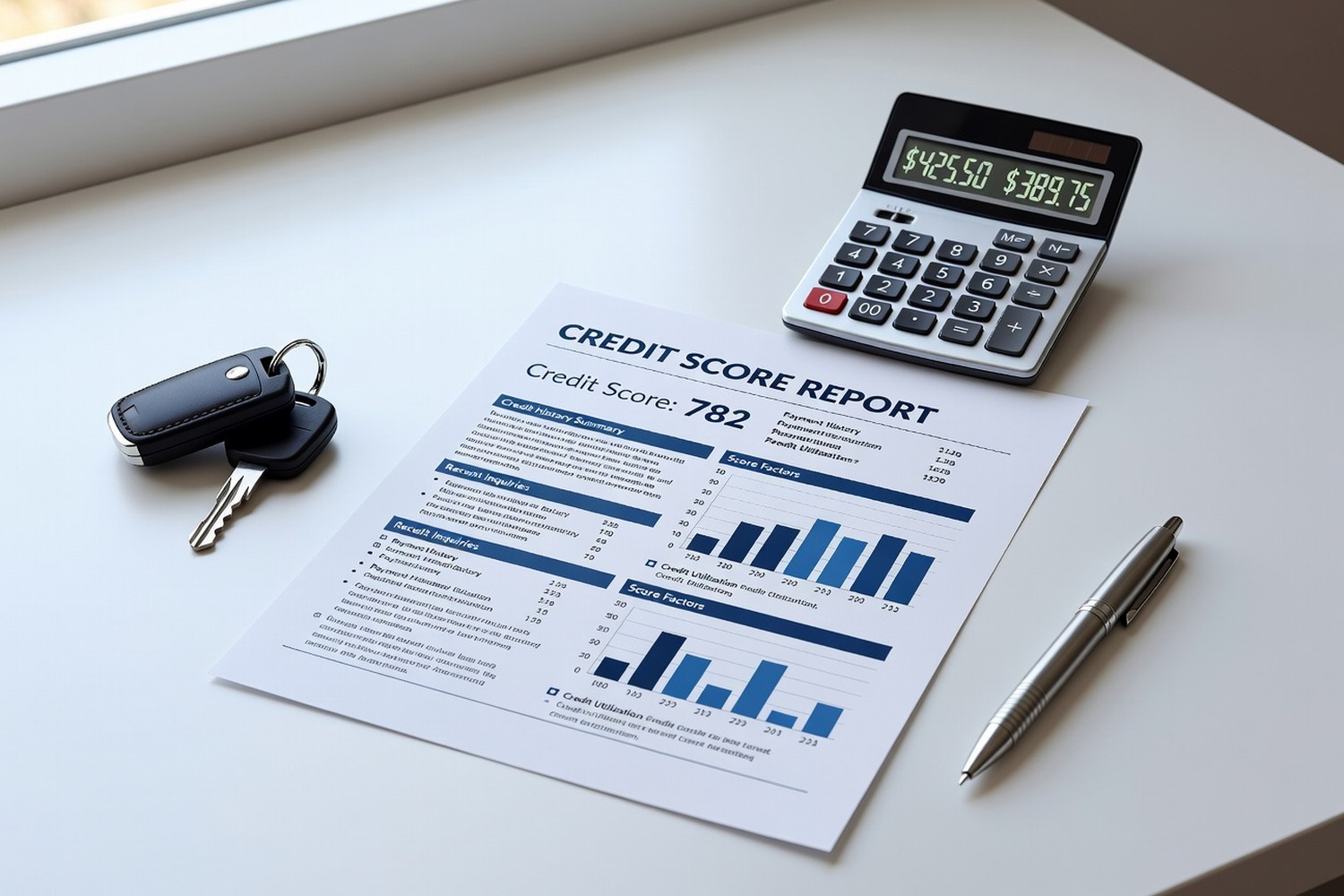 Credit score report next to car keys and auto loan payment calculator