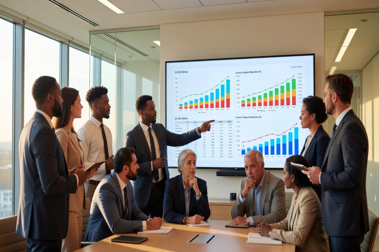 Business professionals analyzing ESG portfolio performance charts in modern conference room
