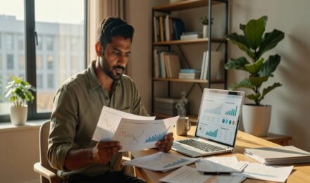 Investor reviewing ESG and corporate social responsibility investment reports at home office desk