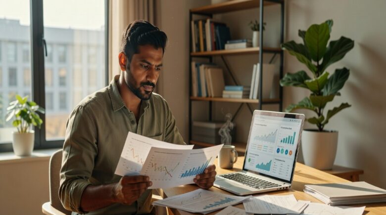 Investor reviewing ESG and corporate social responsibility investment reports at home office desk