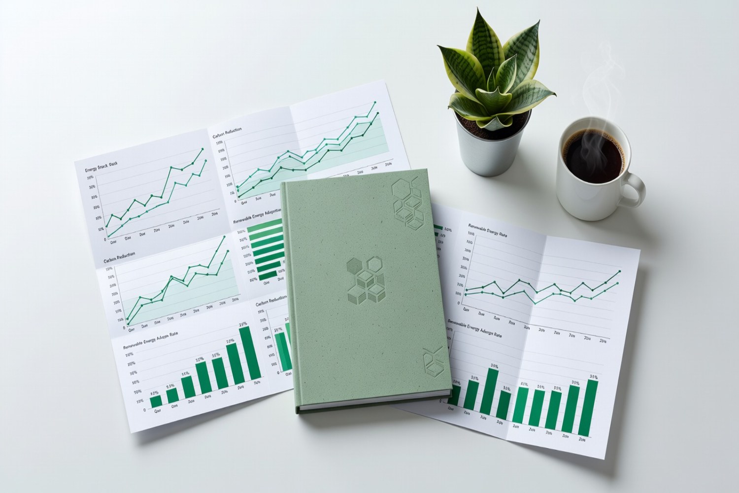Corporate sustainability report and green energy stock charts flat-lay on white desk