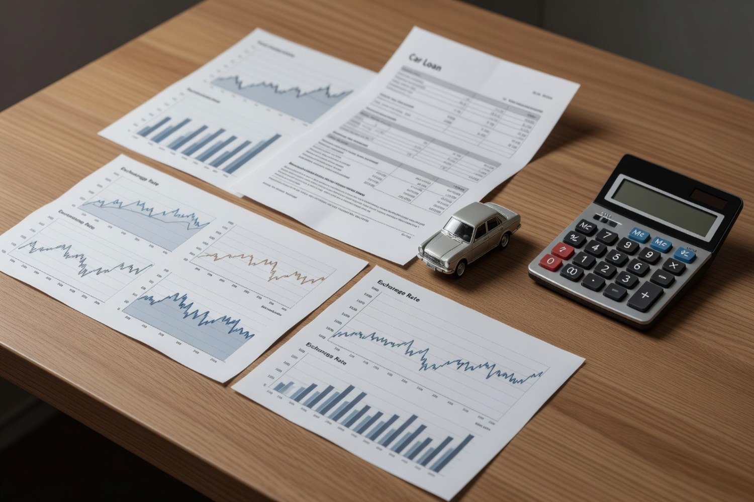 Currency exchange rate charts and car loan document flat-lay with calculator and model car on wooden desk