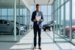 Man reviewing car pricing document in dealership showroom understanding currency impact on auto prices