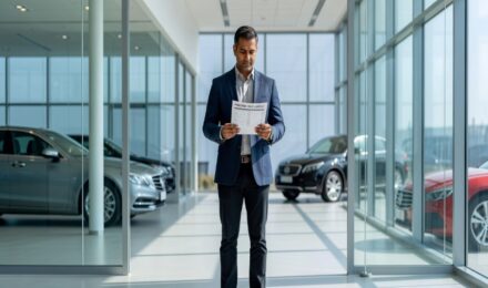Man reviewing car pricing document in dealership showroom understanding currency impact on auto prices