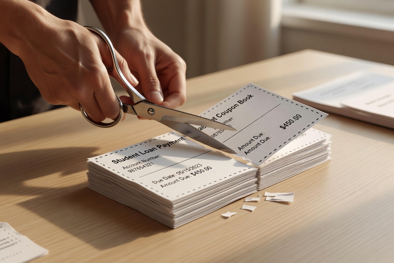 Hands cutting student loan payment book symbolizing final payoff