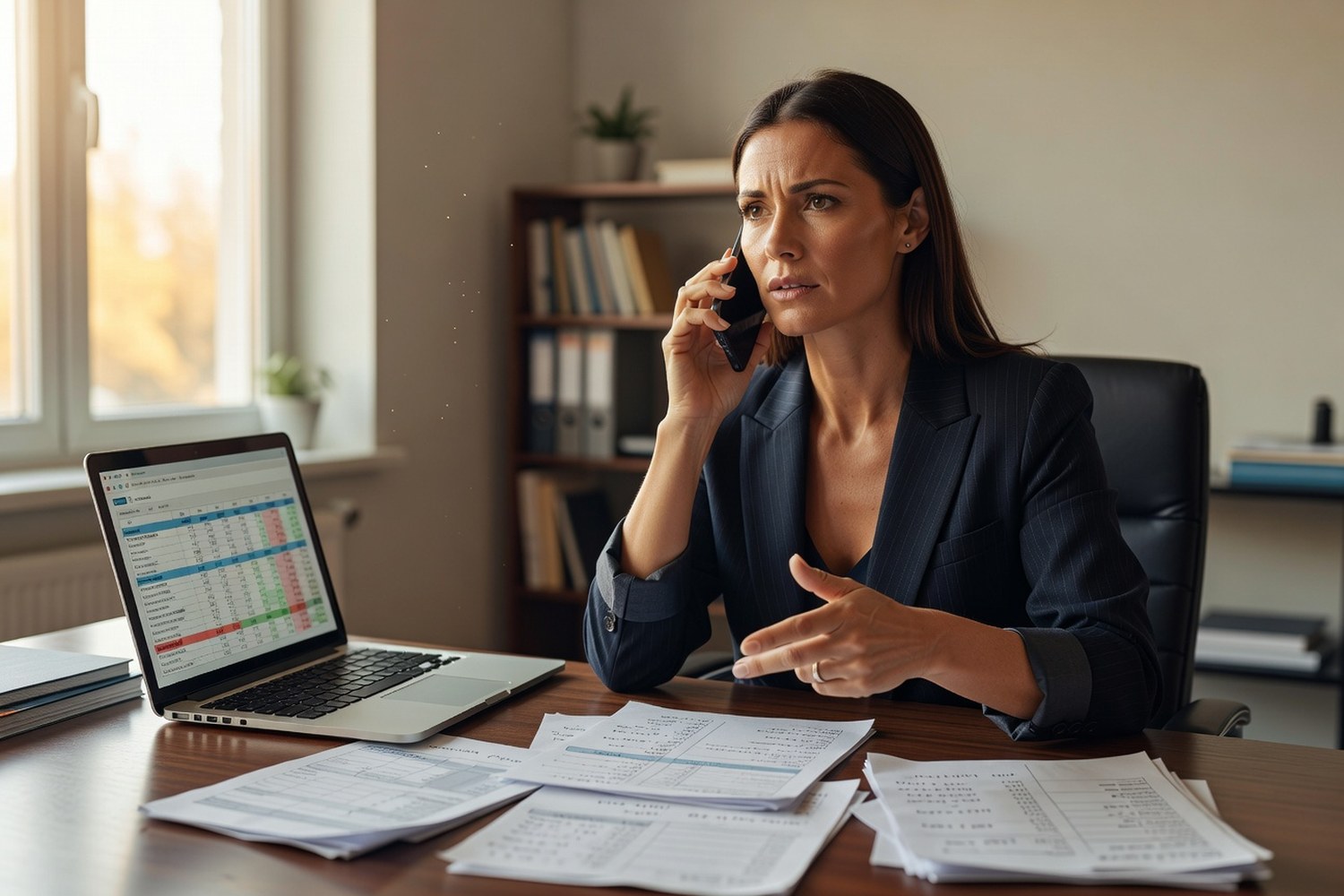 Woman on phone disputing student loan debt collection call while reviewing financial records