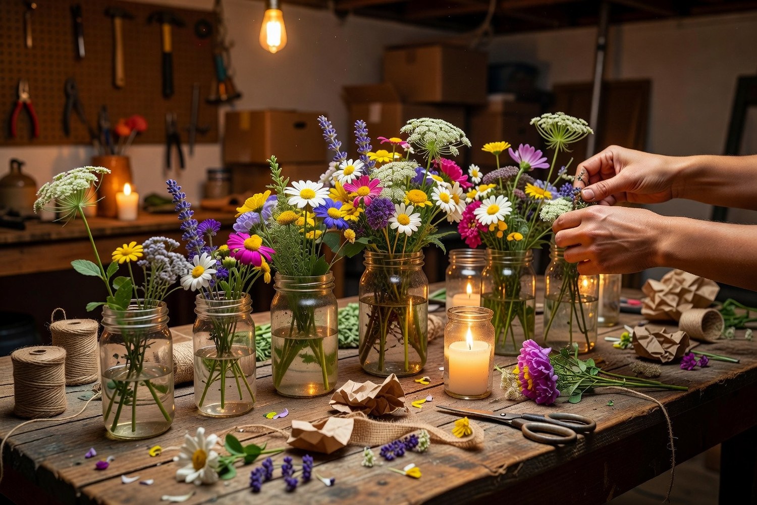 Hands arranging DIY wedding centerpiece with mason jars and wildflowers
