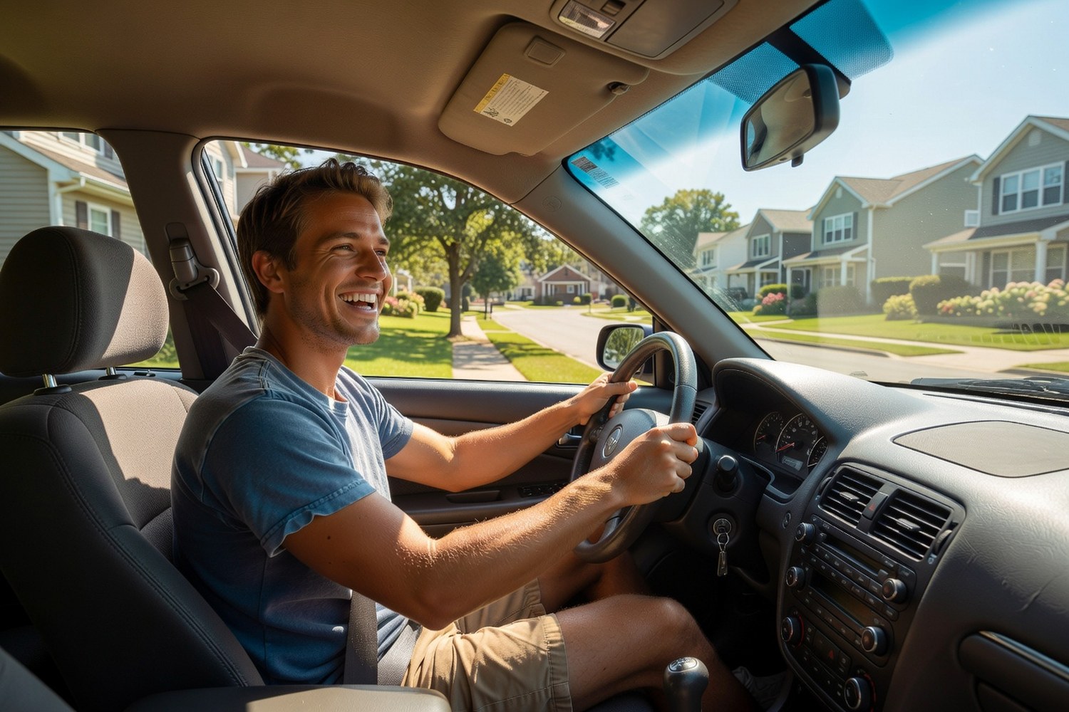 Person happily driving reliable used car after securing bad credit auto loan