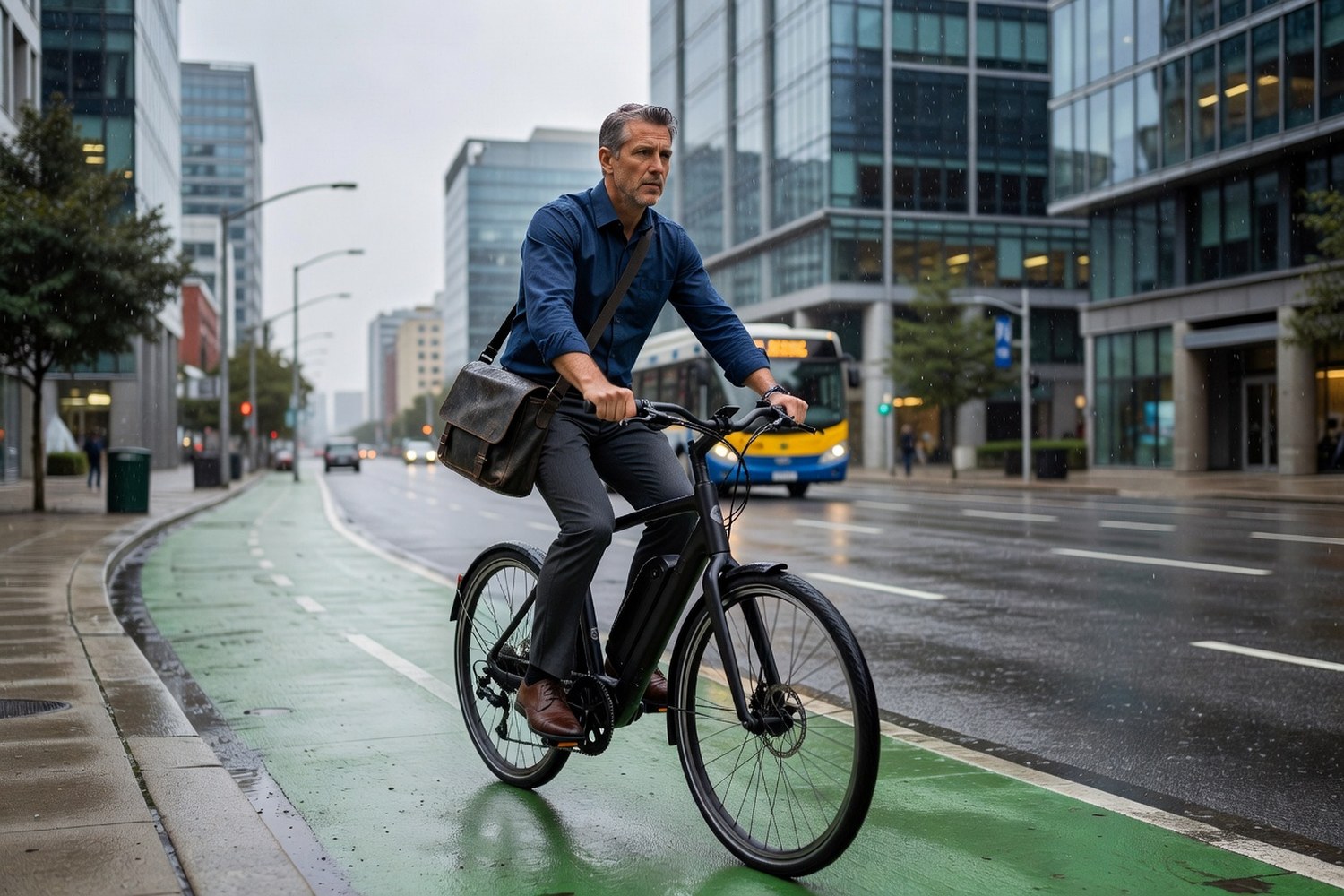Commuter riding electric bike on protected city bike lane in business casual with messenger bag