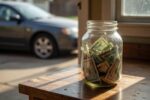 Glass jar of emergency cash on kitchen counter with flat tire visible through window