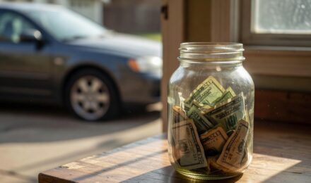 Glass jar of emergency cash on kitchen counter with flat tire visible through window