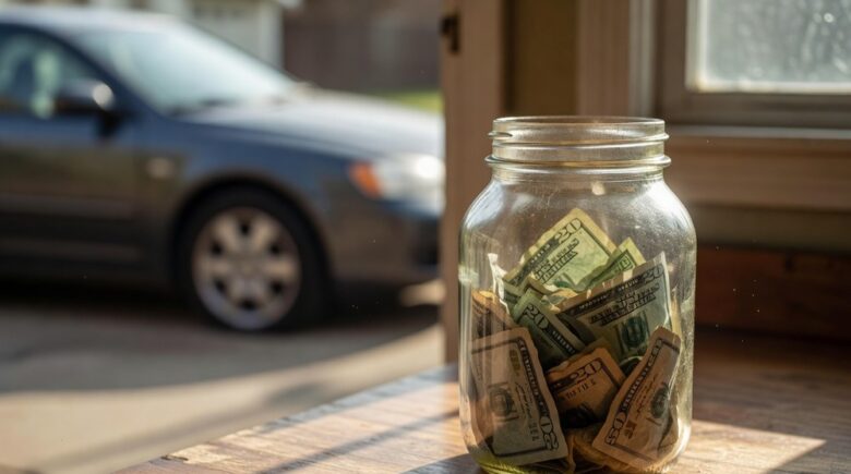 Glass jar of emergency cash on kitchen counter with flat tire visible through window