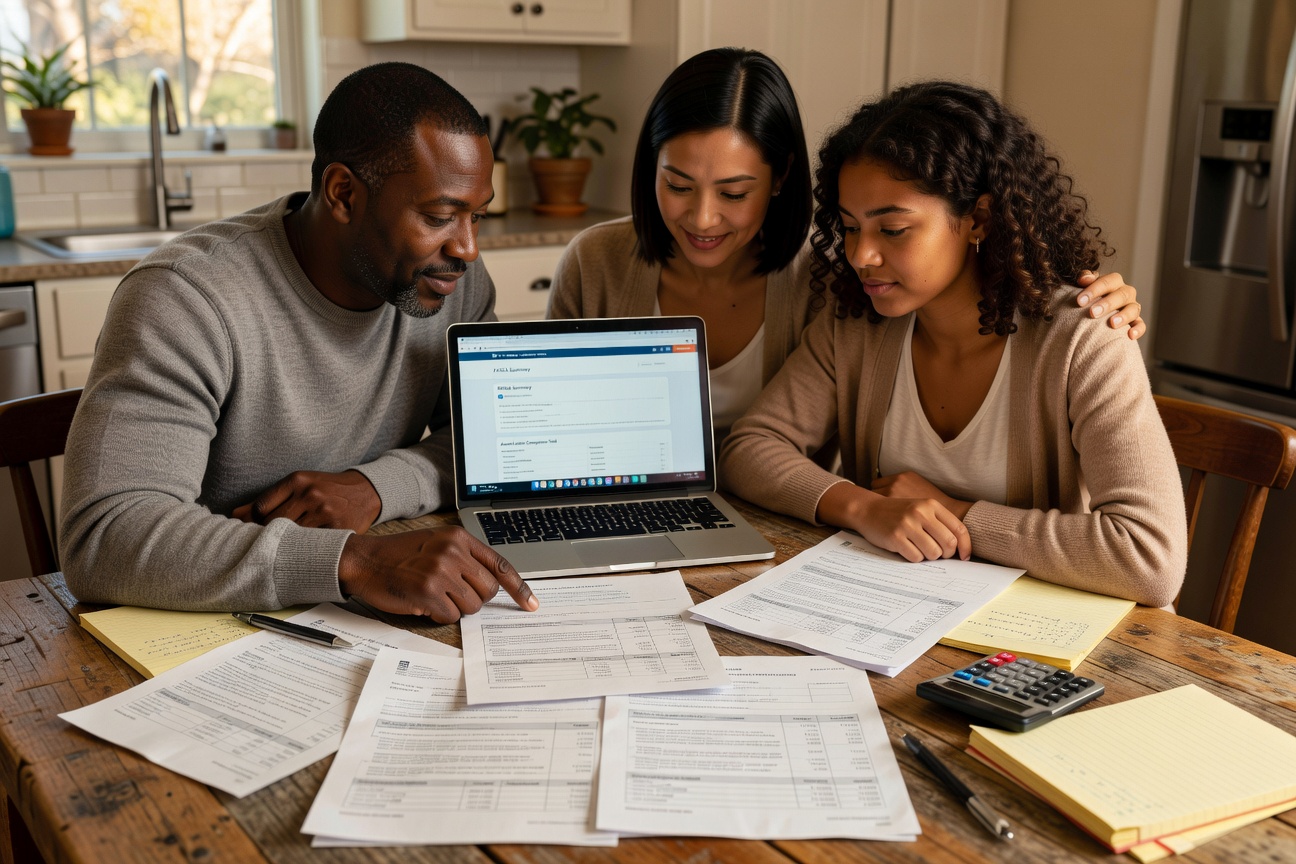 family comparing college financial aid offer letters net price