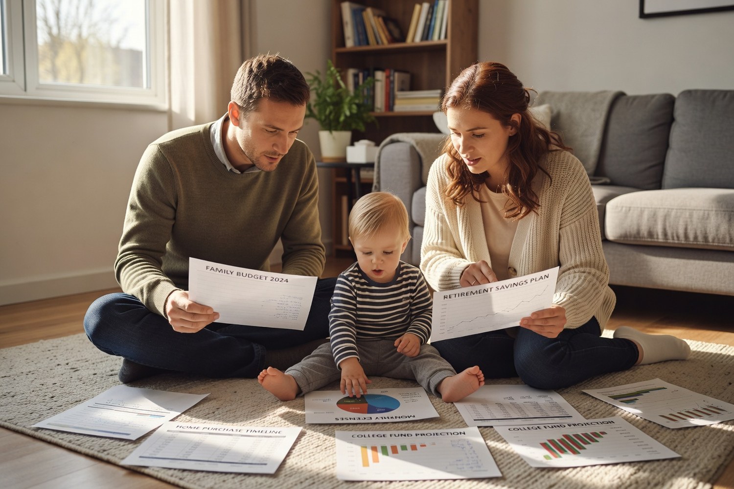 Family with toddler reviewing college savings financial plans together