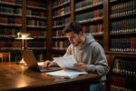 College student researching federal Direct Loan options in university library