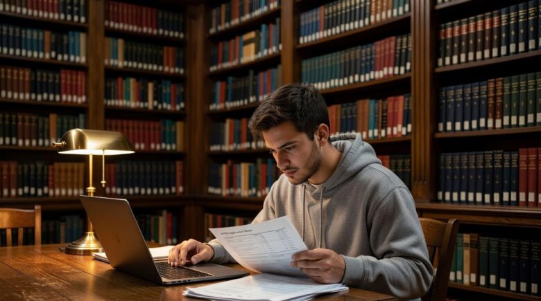 College student researching federal Direct Loan options in university library