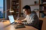 Student completing federal education loan application on laptop at home desk