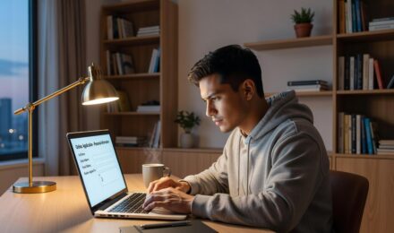 Student completing federal education loan application on laptop at home desk