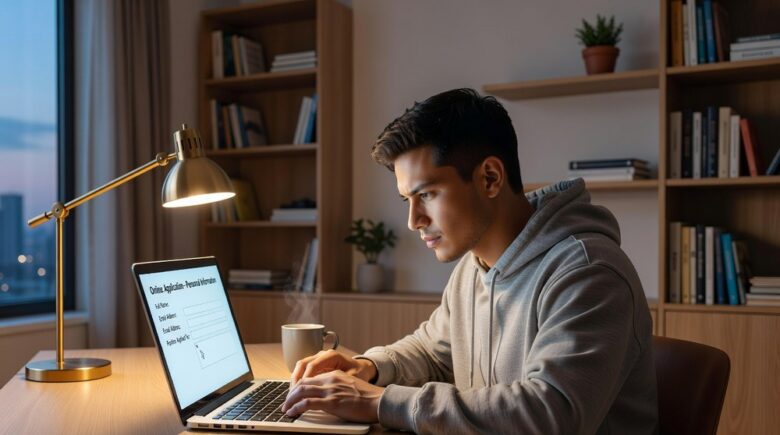 Student completing federal education loan application on laptop at home desk