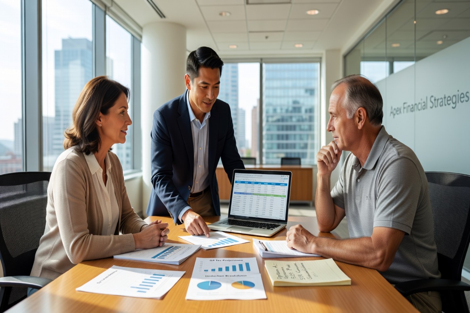 Financial advisor presenting tax strategy options to couple at modern office meeting table