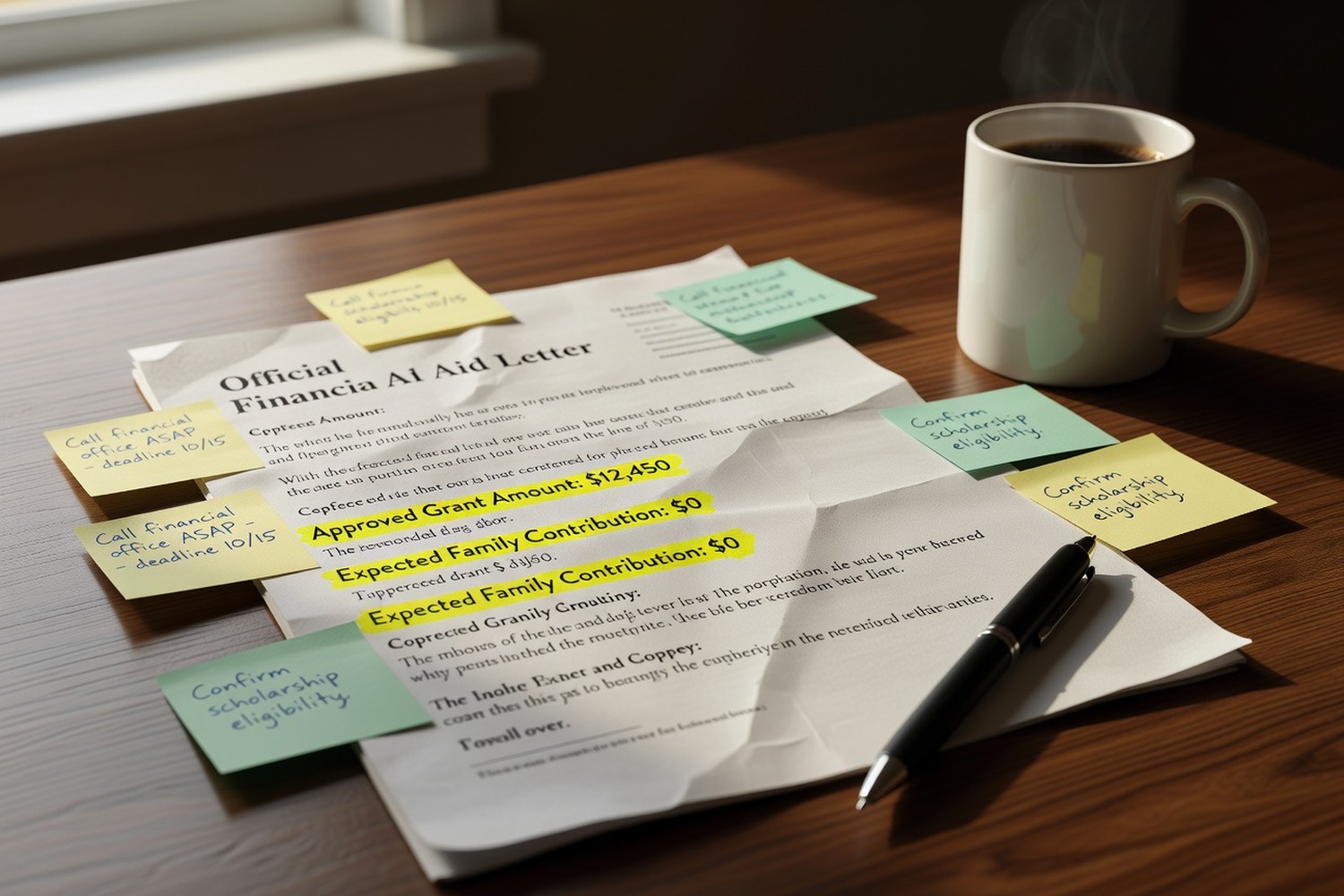 Financial aid letter with highlighted Perkins loan sections and notes