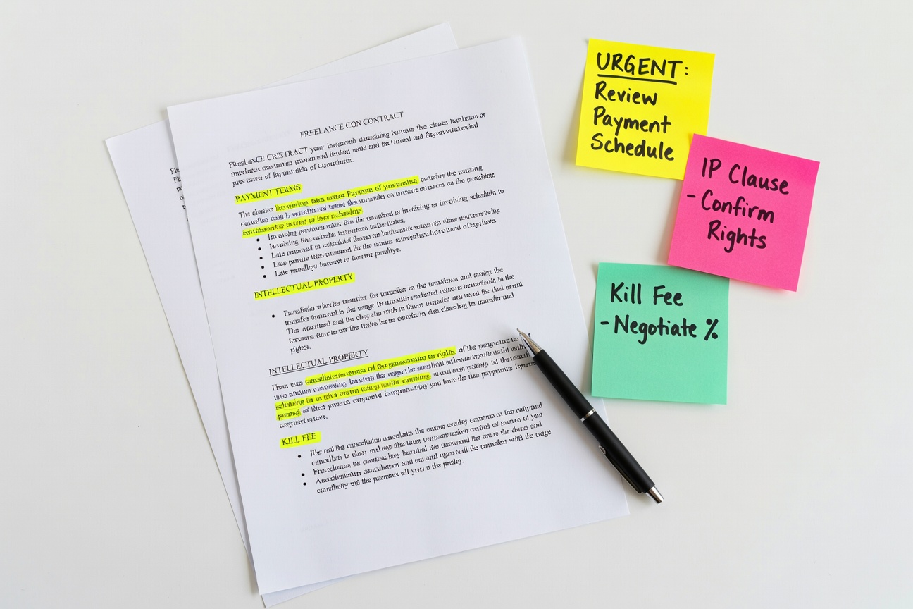 freelance contract key clauses payment terms intellectual property rights