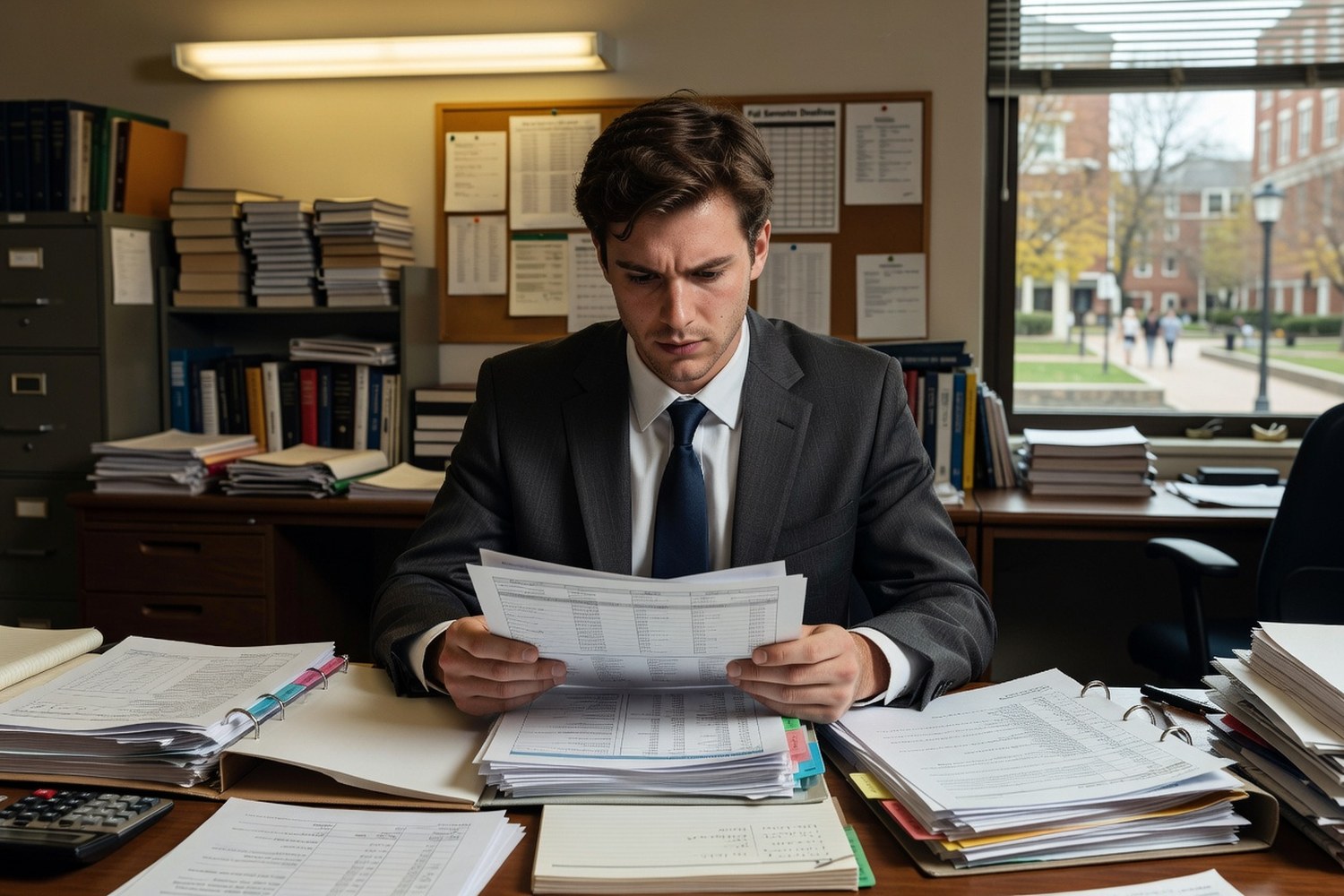 Graduate student reviewing PLUS loan financial documents in university office