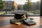 Graduation cap on stack of money with calculator representing the ROI of a college degree