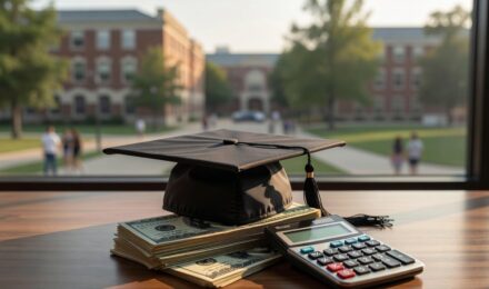 Graduation cap on stack of money with calculator representing the ROI of a college degree