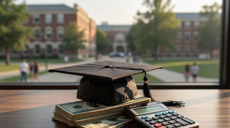 Graduation cap on stack of money with calculator representing the ROI of a college degree