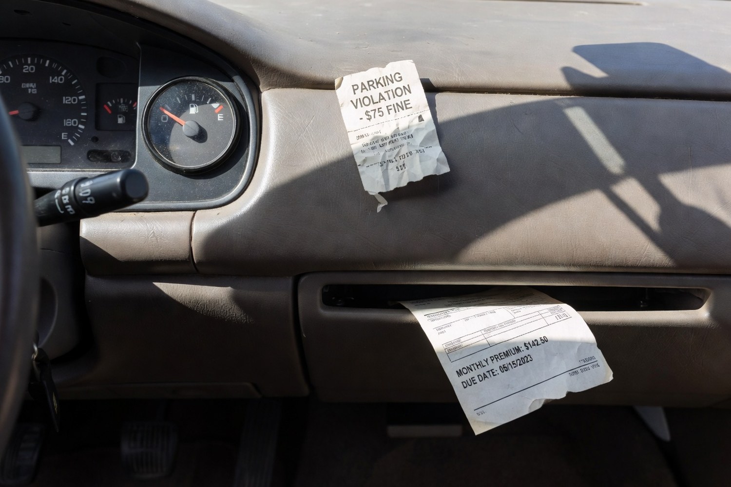 Car dashboard with low fuel gauge, parking ticket, and insurance bill showing hidden ownership costs
