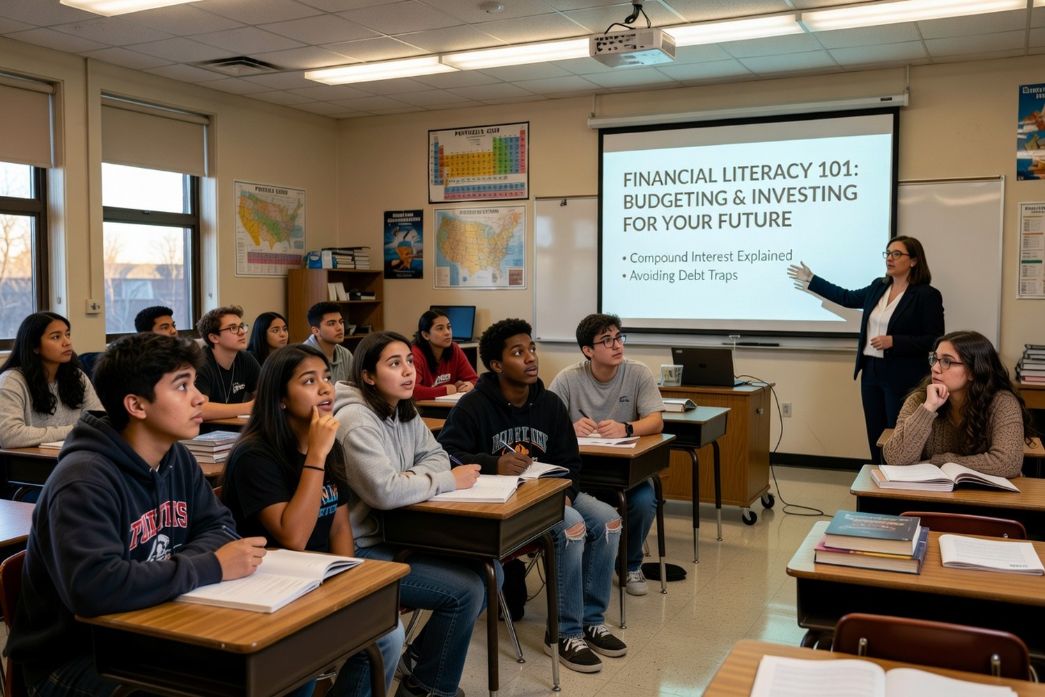 High school students engaged in financial literacy presentation