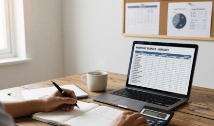 Person creating a monthly budget using a notebook and calculator on a desk