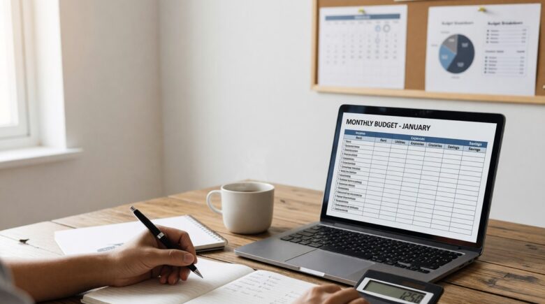 Person creating a monthly budget using a notebook and calculator on a desk