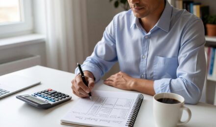 Person creating a zero based budget on paper with calculator and laptop
