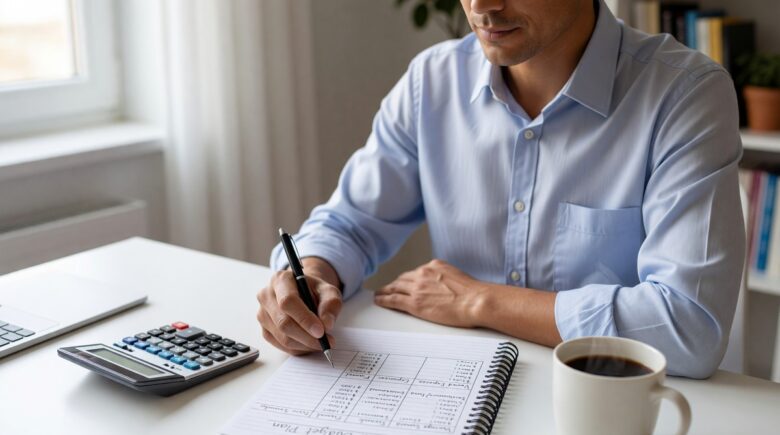 Person creating a zero based budget on paper with calculator and laptop