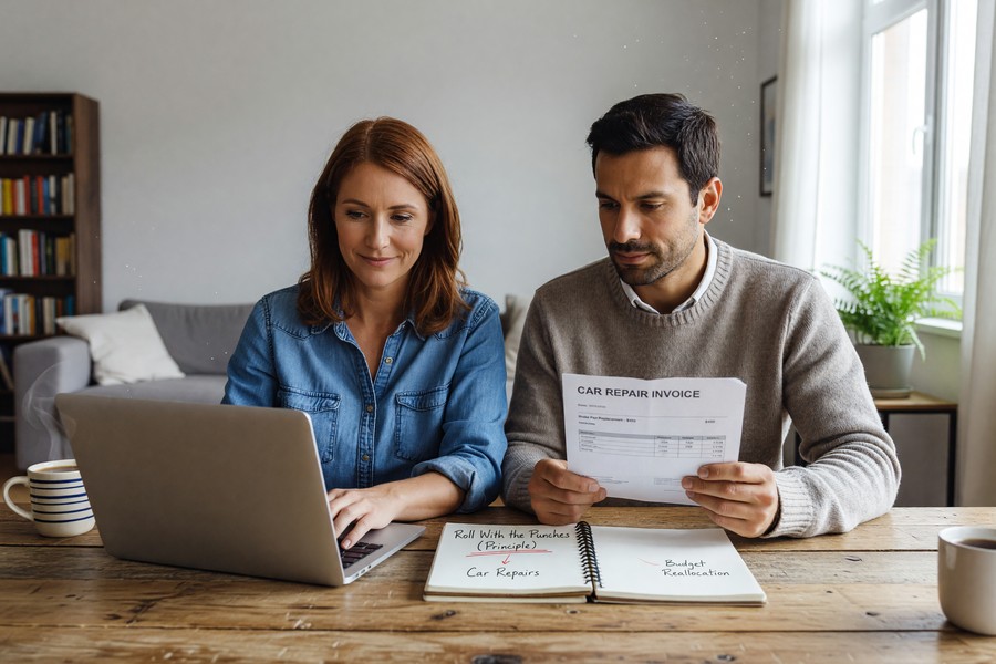 A monthly budget calendar showing weekly check-in dates and expense category review sessions marked