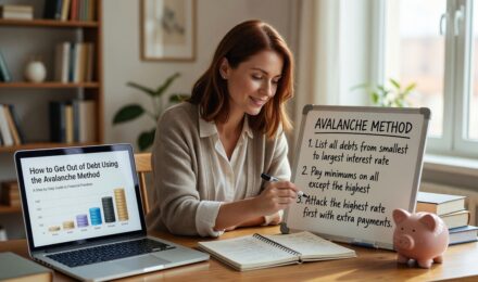 Person using the debt avalanche method to pay off high-interest debt with a calculator and budget spreadsheet