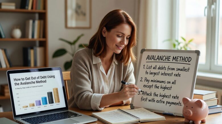 Person using the debt avalanche method to pay off high-interest debt with a calculator and budget spreadsheet