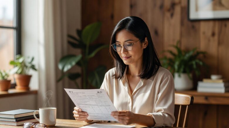 Person reviewing a W-2 tax form with a line-by-line guide on a desk