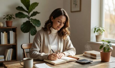 Person resisting impulse buying while shopping online with a savings jar nearby