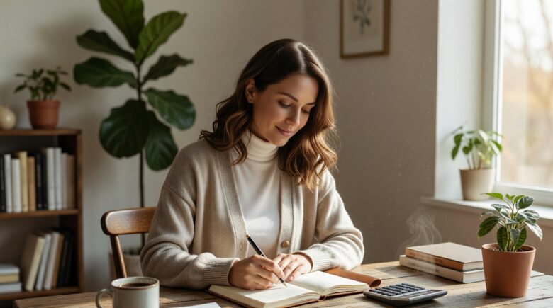 Person resisting impulse buying while shopping online with a savings jar nearby