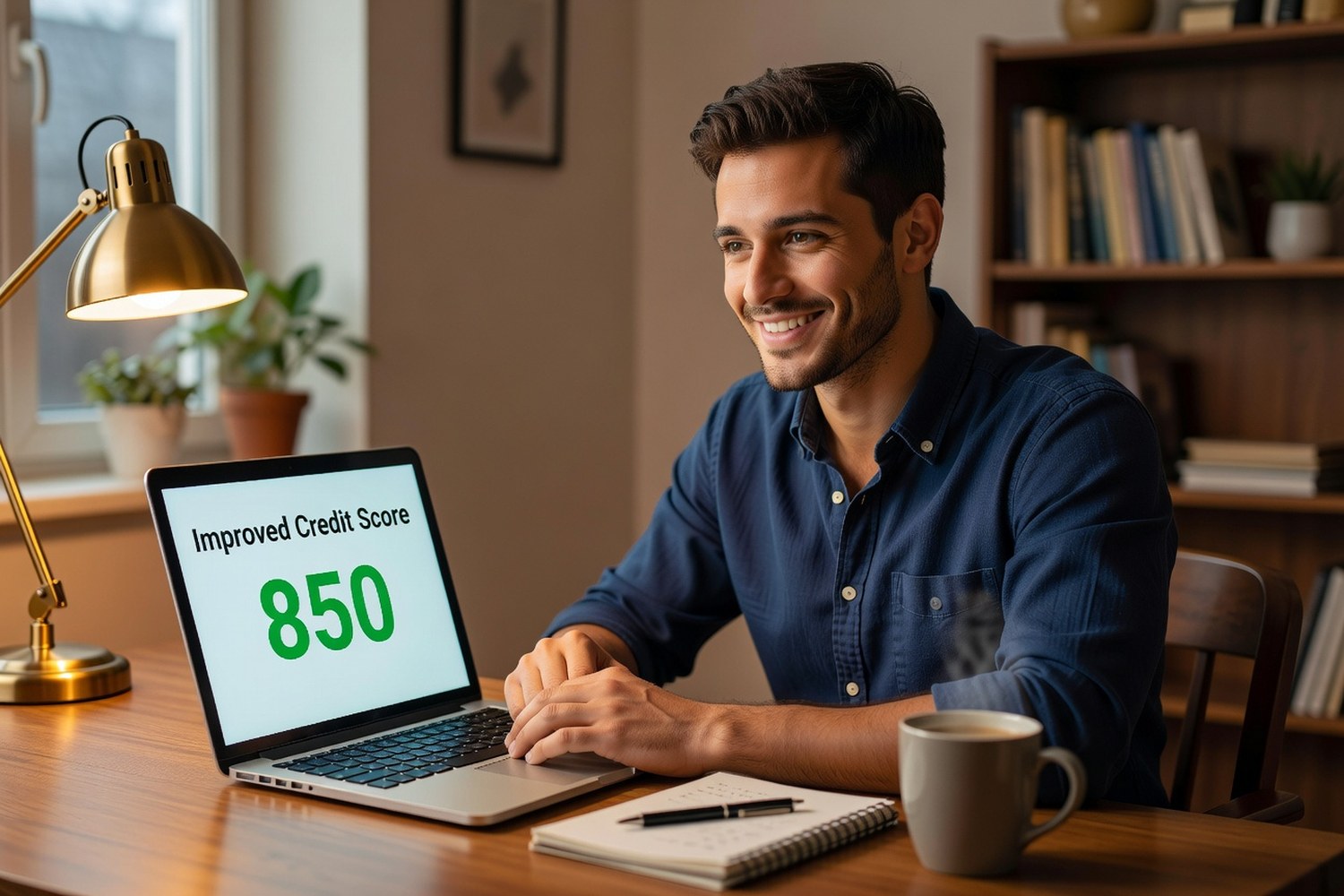 Young professional viewing improved credit score on laptop with relief