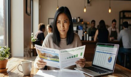 Woman comparing college financial aid letters and brochures at coffee shop with laptop