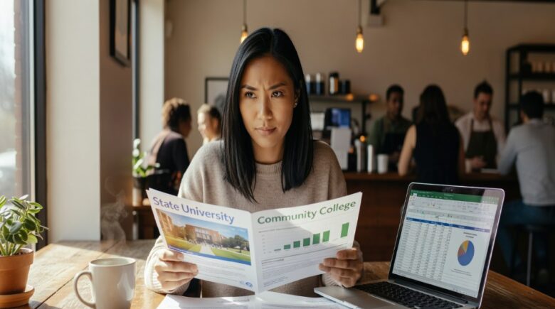Woman comparing college financial aid letters and brochures at coffee shop with laptop