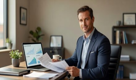 CFP financial planner reviewing tax planning documents and retirement account charts at office desk