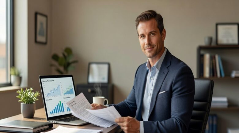 CFP financial planner reviewing tax planning documents and retirement account charts at office desk