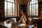 Young woman reviewing college cost spreadsheets on laptop at university library with city skyline view