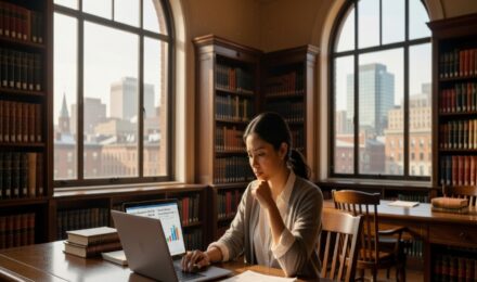 Young woman reviewing college cost spreadsheets on laptop at university library with city skyline view