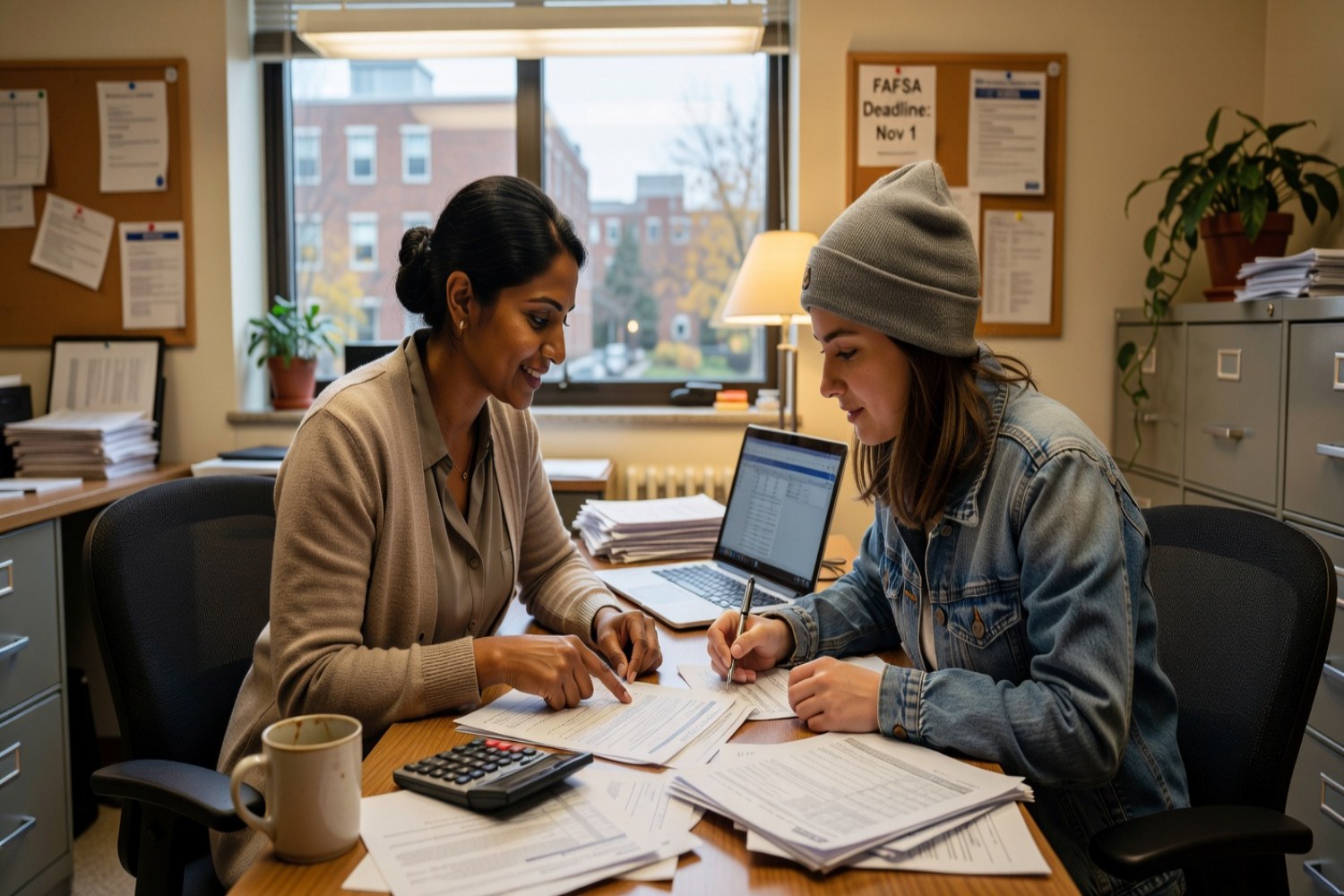Financial aid counselor reviewing college paperwork with student at campus office desk